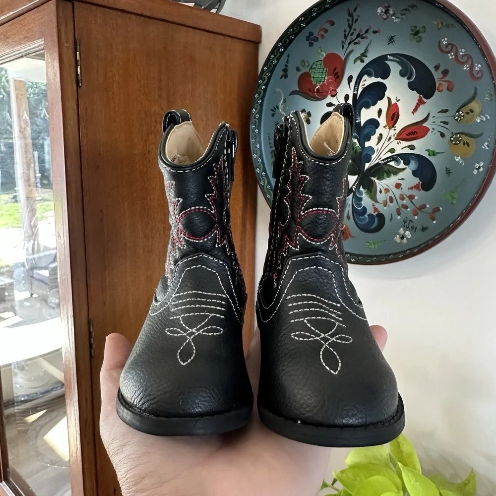 Healthtex Baby Infant Cowboy Boots Soft Black Red Western Zip Hard Sole 4 NEW